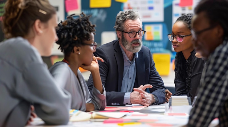 A group meeting around a table covered in sticky notes